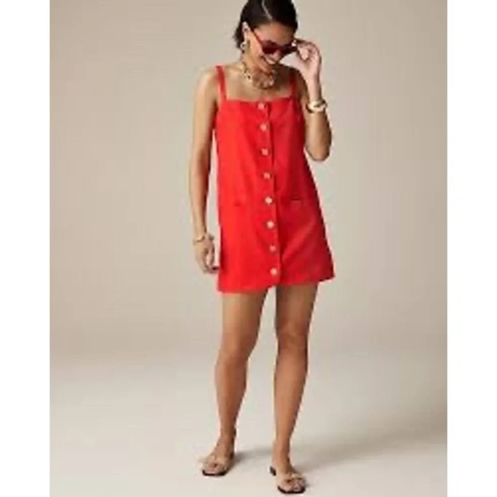 J.Crew Claudia Mini Dress Women XL Red Linen Button Front Coastal Quiet Luxury